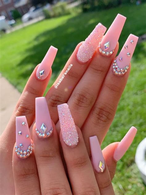 acrylic rhinestone nails|clear pink nails with rhinestones.